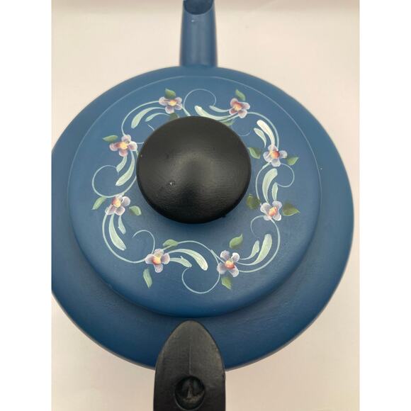 Vintage Mirro Teapot Aluminum Hand Painted Floral and Bird USA Blue with Lid - Picture 4 of 9